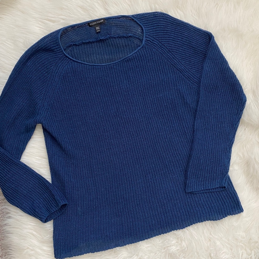 Eileen Fisher Organic Linen Navy Knit Sweater Sz M